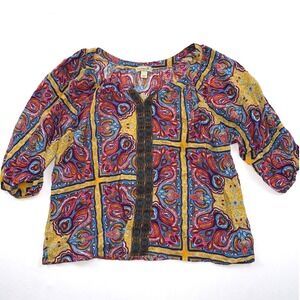 One World Paisley‎ Print Peasant Blouse Colorful Accents Top Large